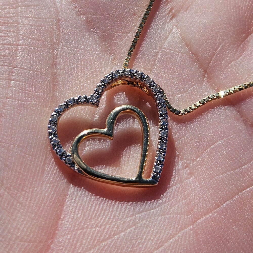 14K Yellow Gold Diamond Double Nested Hearts Necklace Chain Pendant 16 Inches  