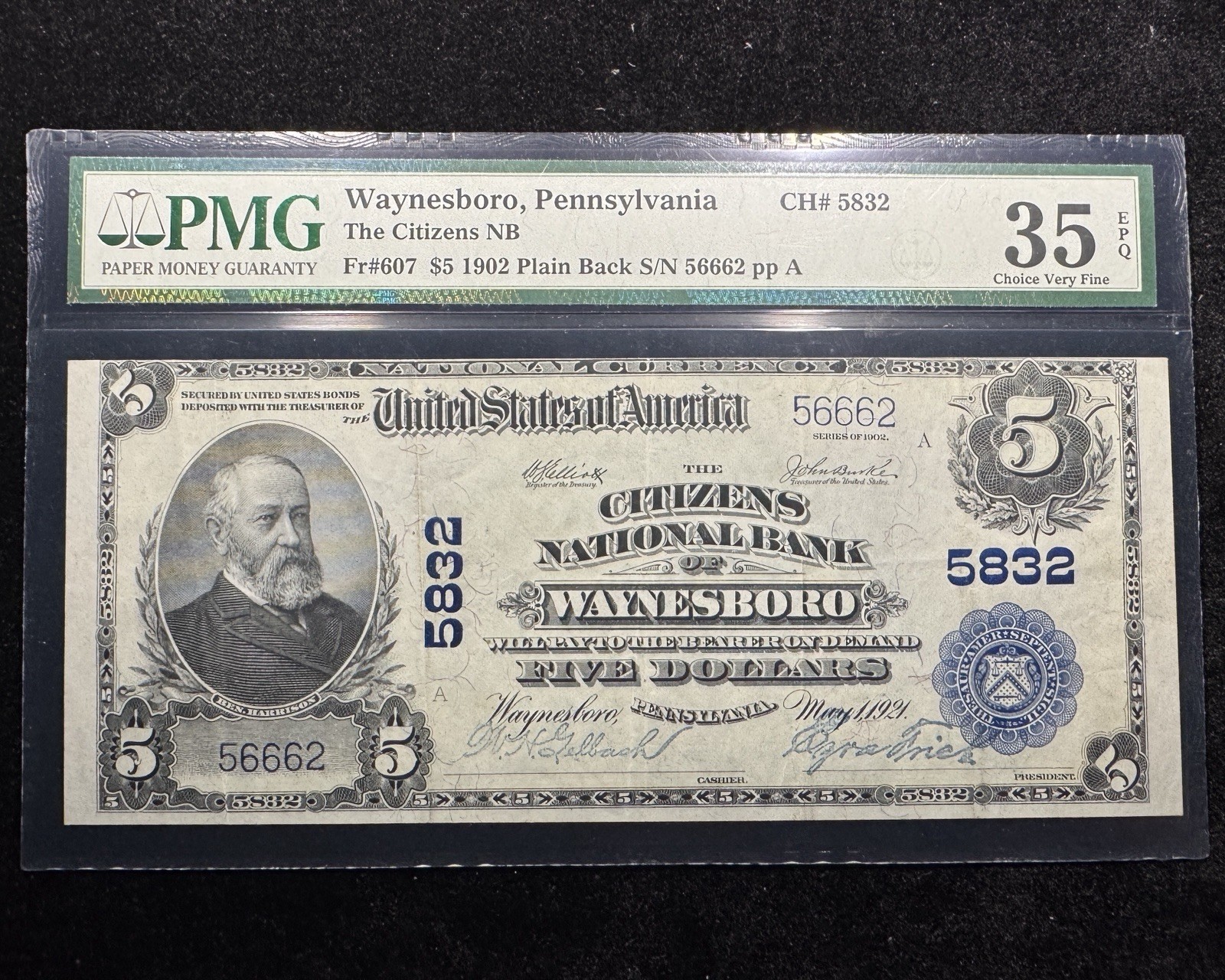 1902 $5 The Citizens NB Of Waynesboro, PA (Fr#607) - $5 PMG 35 EPQ - (Ch#5832)