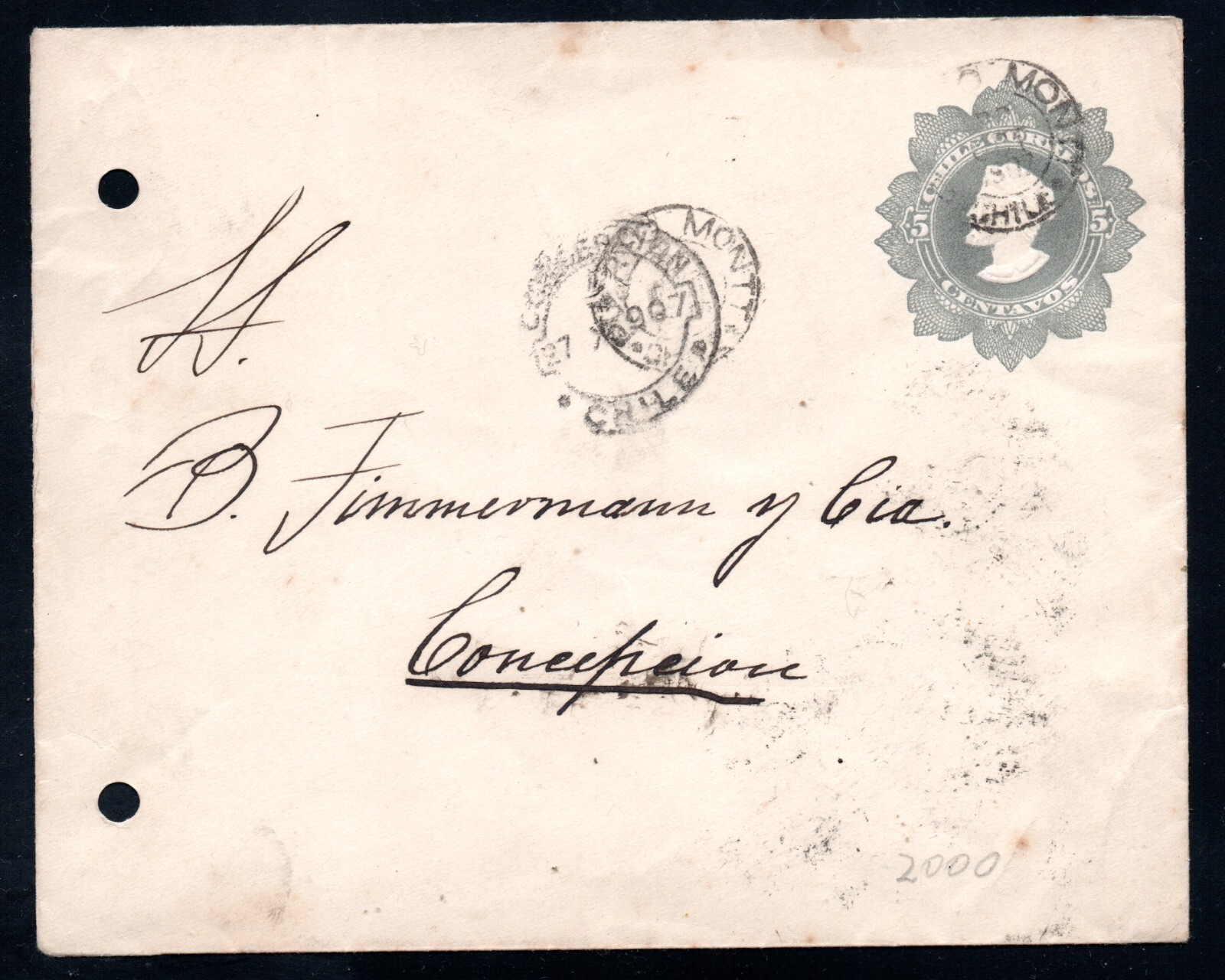 CHILE,  SOBRE COLON IMPRESO, DE PUERTO MONTT A CONCEPCION, 1907