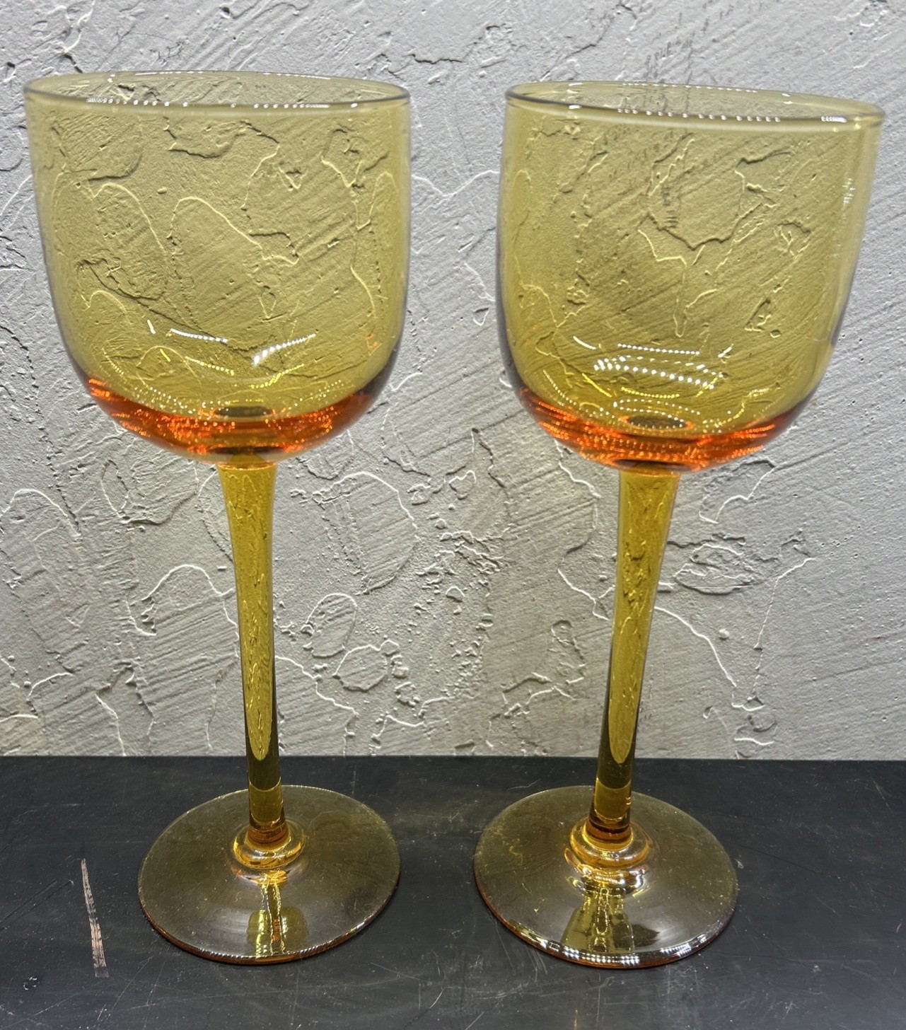 Hand Blown  Amber Wine/Water Glasses. Set Of Two 9” Tall