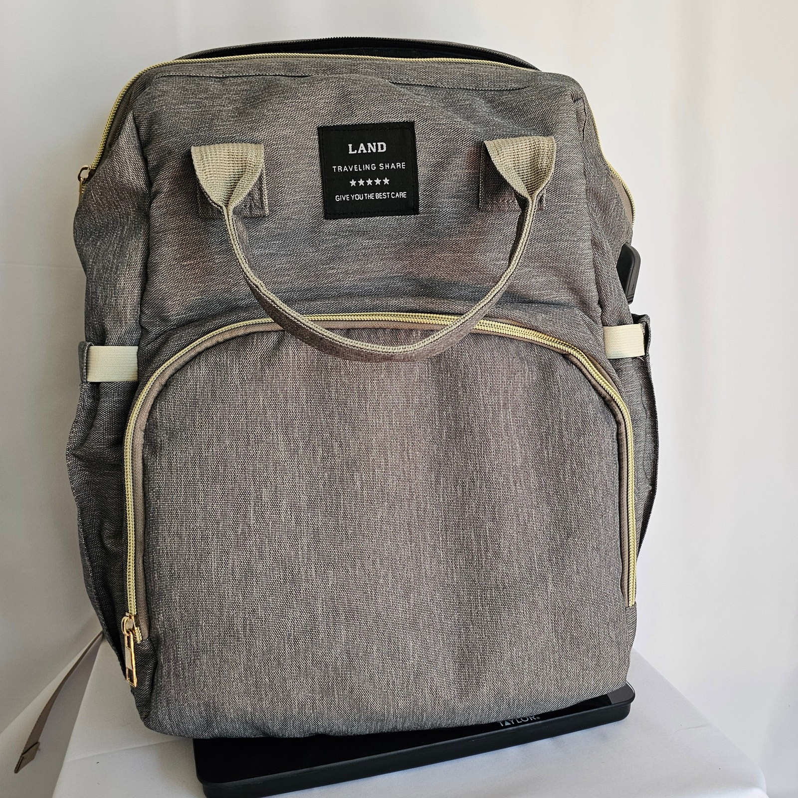 LAND Traveling Share Unisex Diaper Bag Backpack Grey/Gold 