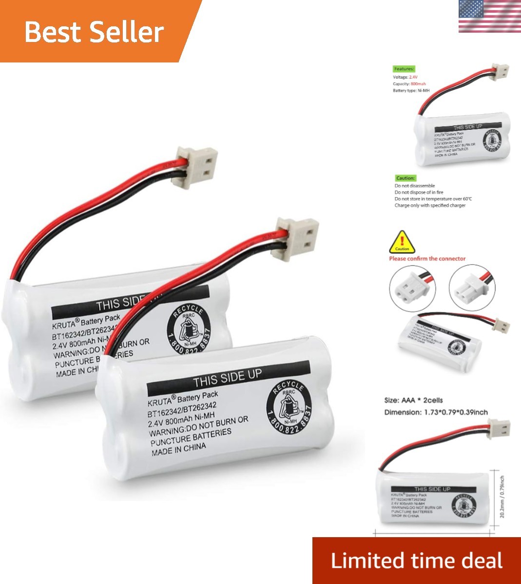 NiMH Rechargeable Batteries for VTech/AT&T Cordless Phones - 2 Pack 800mAh