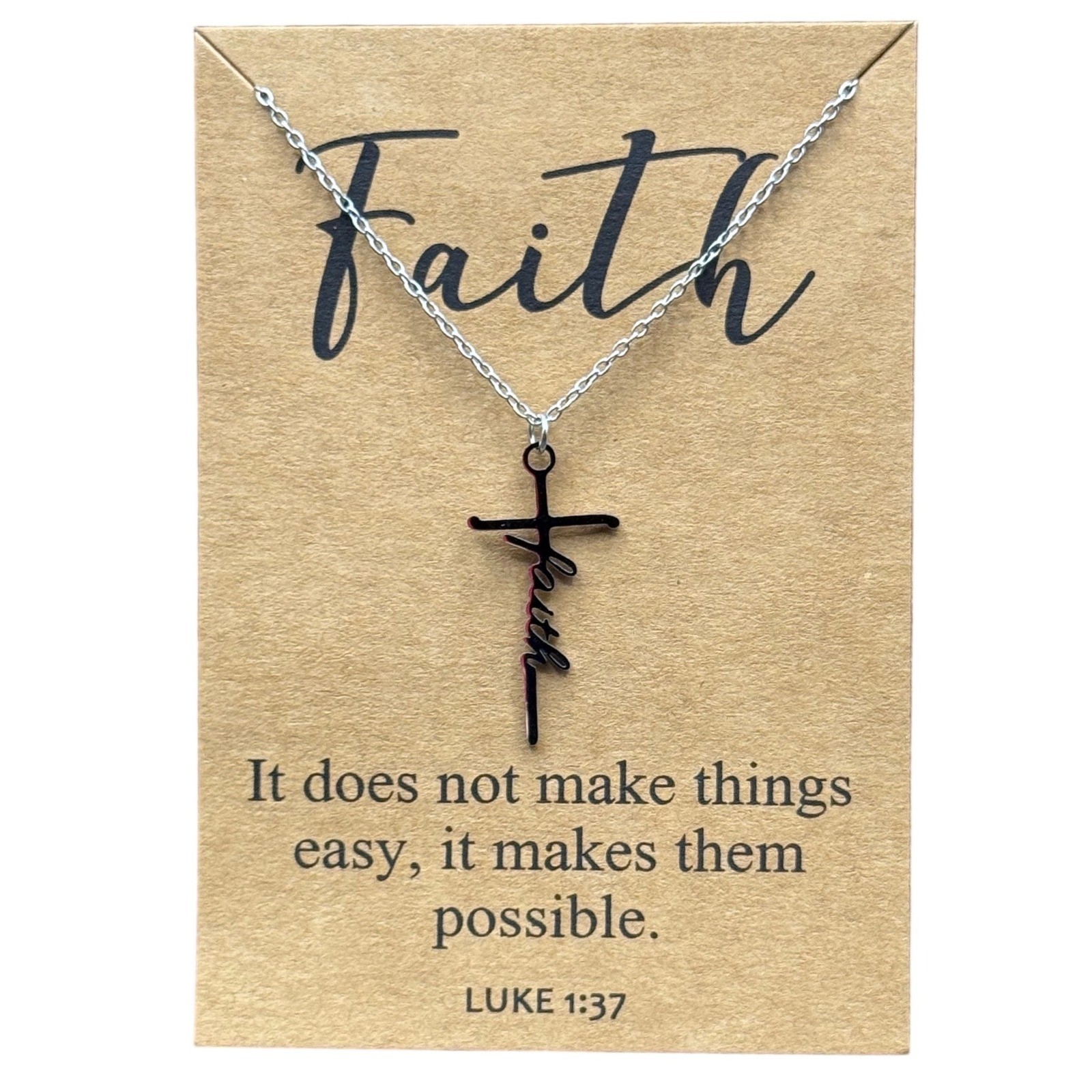 Faith Cross Necklace Silver Tone Inspirational Bible Verse Luke 1 37 Religious