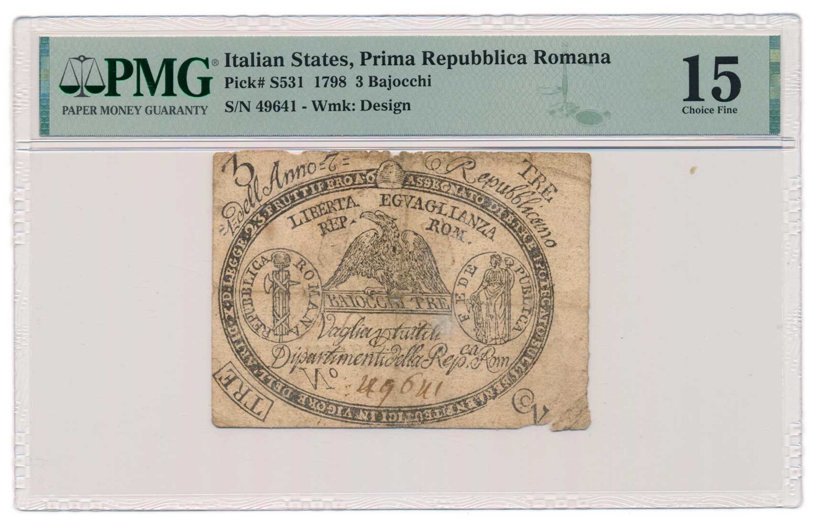 ITALIAN STATES (REPUBLICA ROMANA) banknote 3 Bajocchi 1798 PMG F 15 Choice Fine