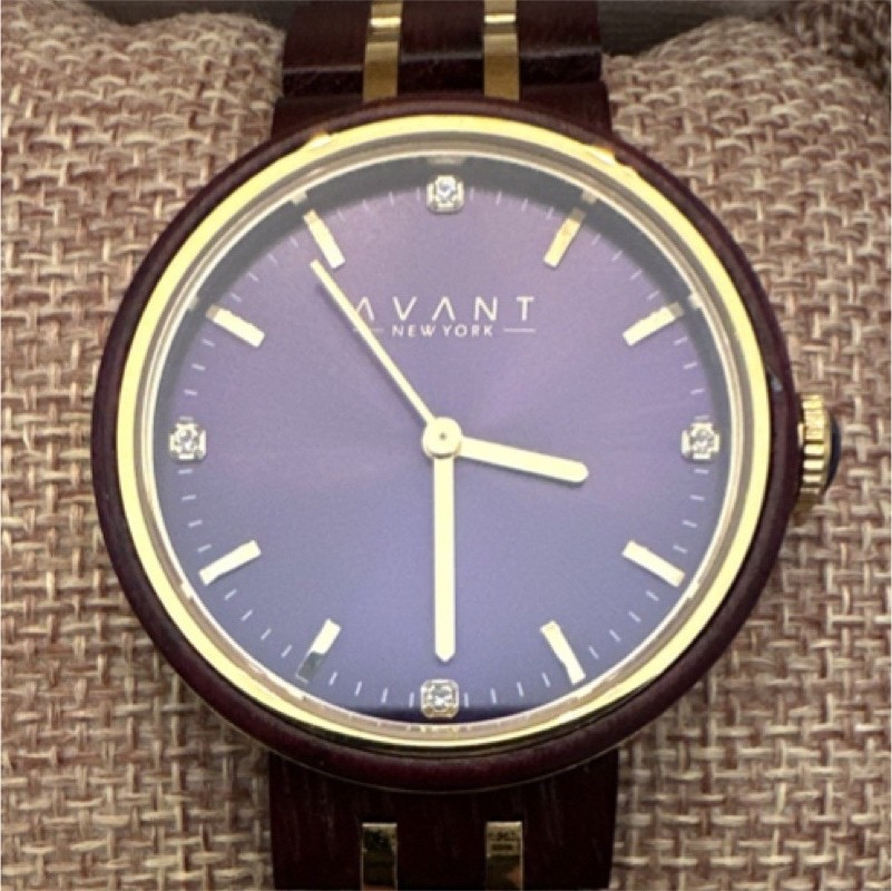 AVANT New York Purple Dial Gold Accents Wood Metal Bracelet Analog Watch