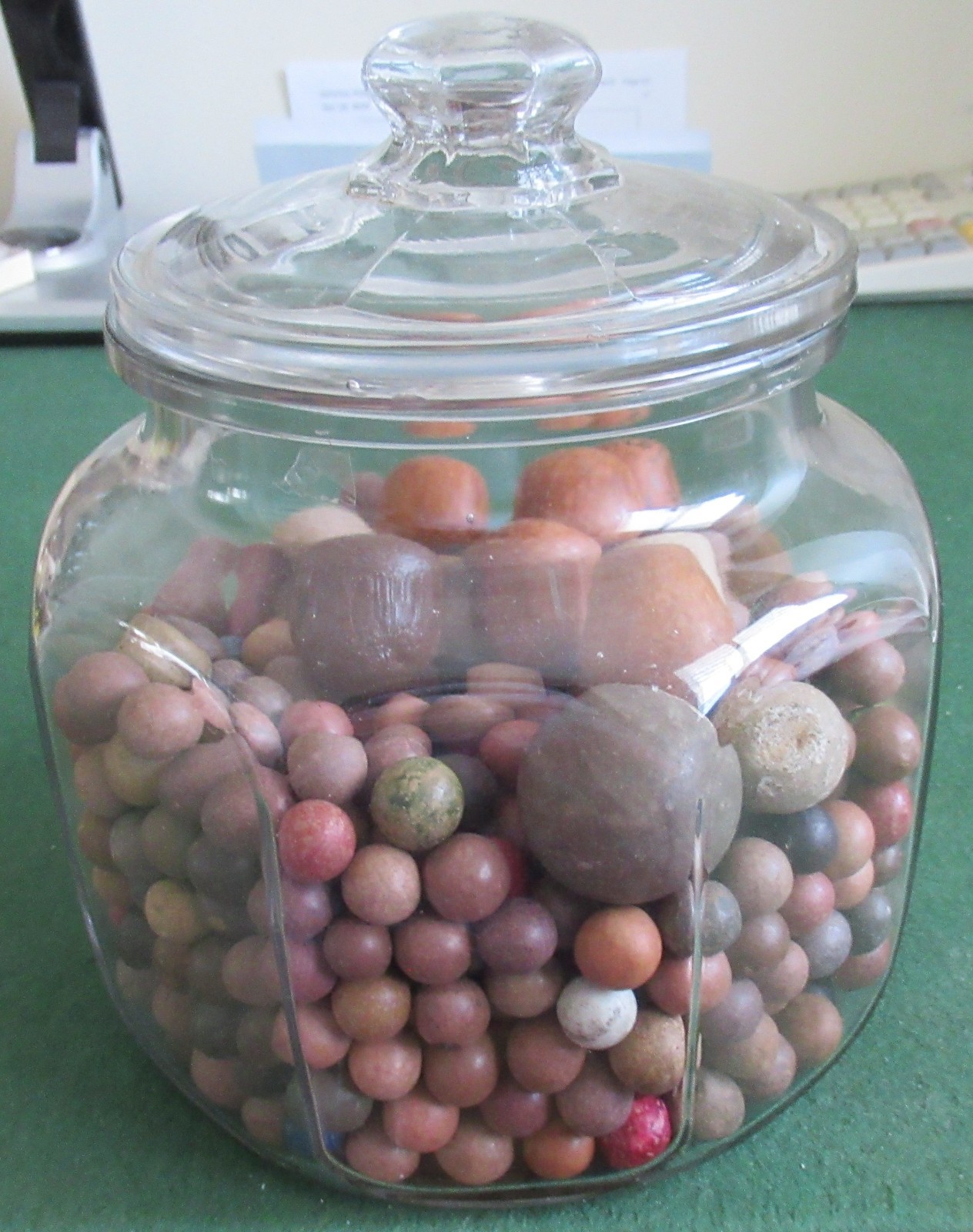 Lot of 609 Antique Clay Marbles in Vintage Glass Jar with Top