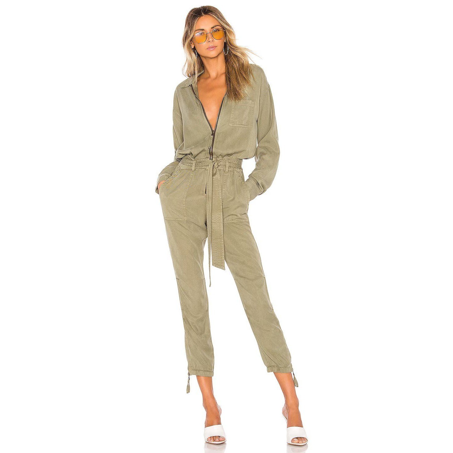 Pam & Gela Front Zip Belted Collared Long Sleeve Jumpsuit Green Women's Size S