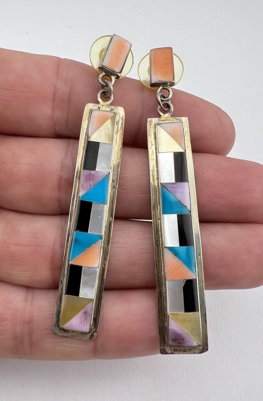 HUGE Vtg Navajo Sterling Silver Multi Gemstone Flush Inlay Post Earrings 2.75"