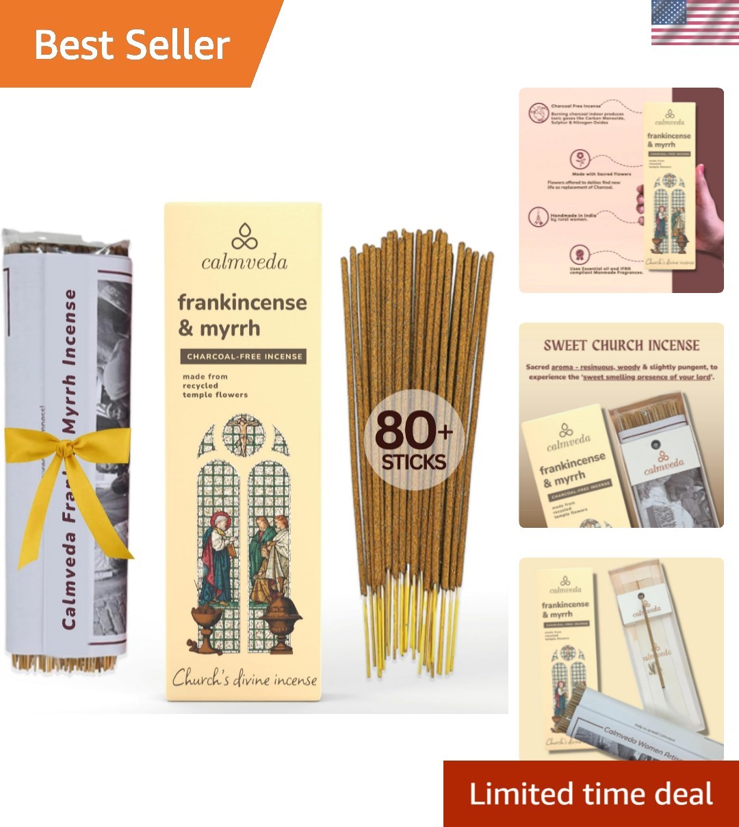 Church Frankincense and Myrrh Incense - 80 Sticks, Charcoal Free, Handmade fr...