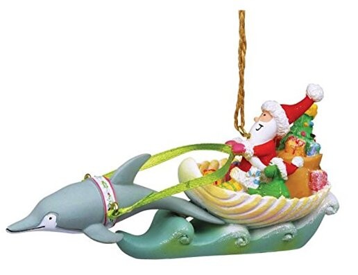 Cape Shore Coastal Santa in Sea Shell Sleigh Dolphin Reindeer Holiday Ornament 