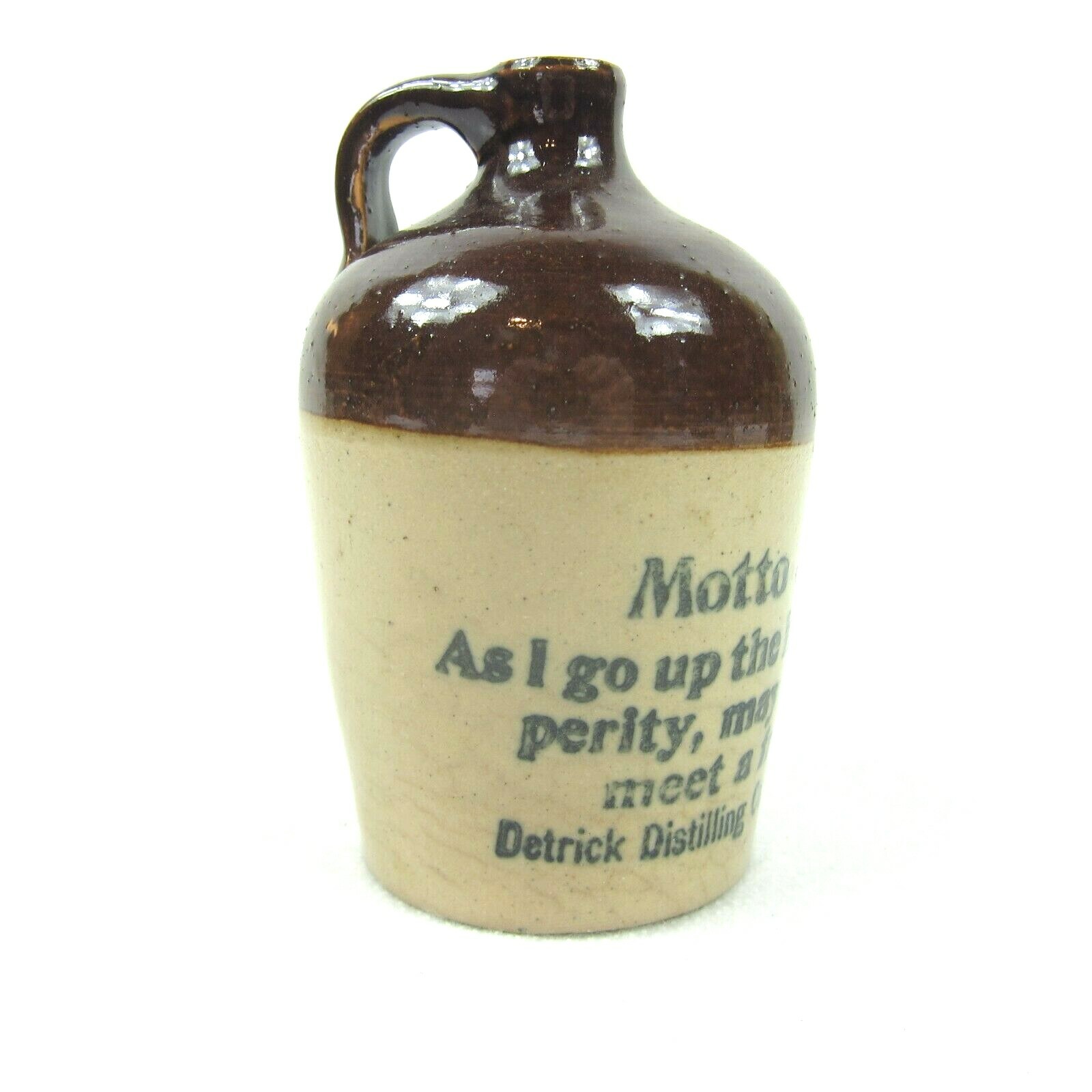 Antique Detrick Distilling Co. Motto Jug Whiskey Bottle As I Go up the Hill RARE