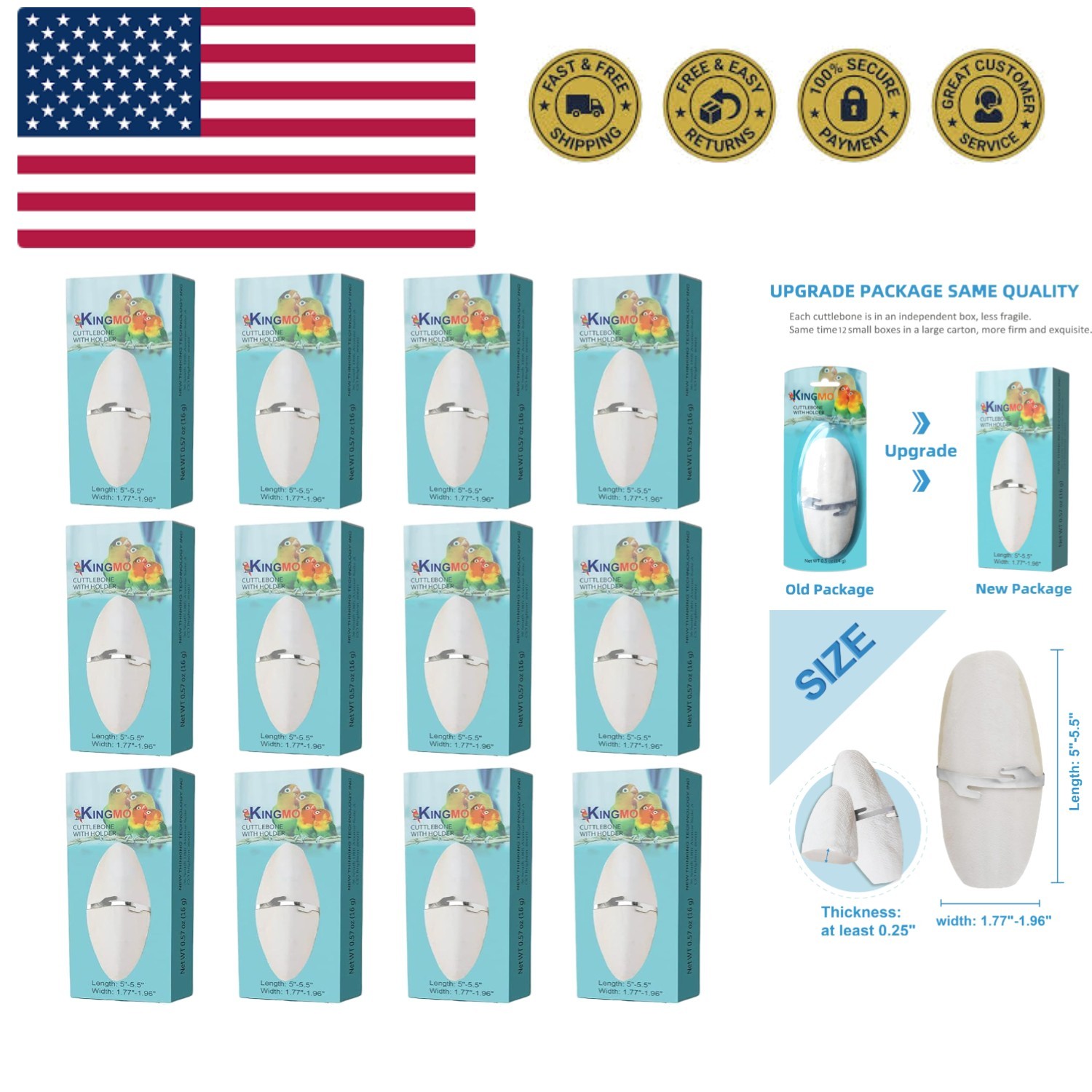 5"-5.5" Bird Cuttlebone for Parakeets, Cuddle Bone with Metal Holder, Cuttlef...