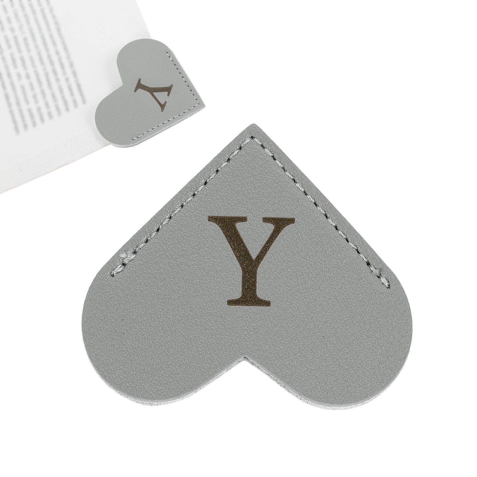 Initial Y Corner Bookmarks,  Heart Shape Leather Book Marks Markers, Gray