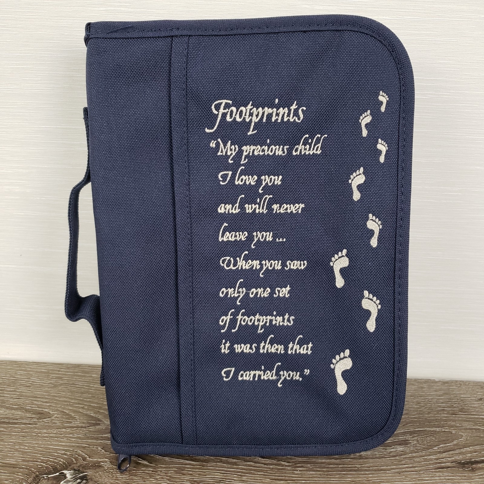 Bible Cover Footprints Blue Canvas Zipper Handle Embroidered