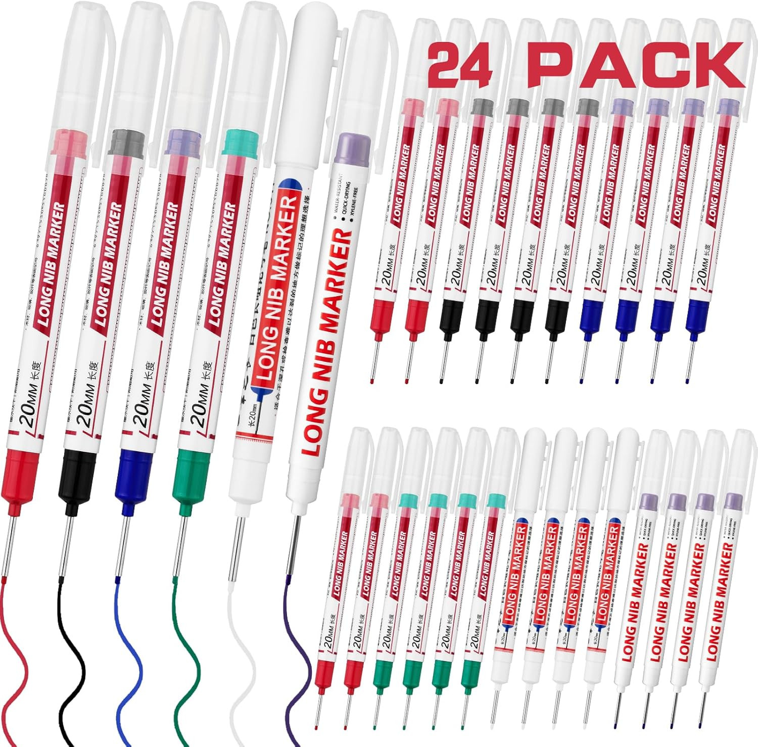 24 PCS Long Head Deep Hole Marker Pens,20Mm Long Nib Marker, Longs Nose Markers,