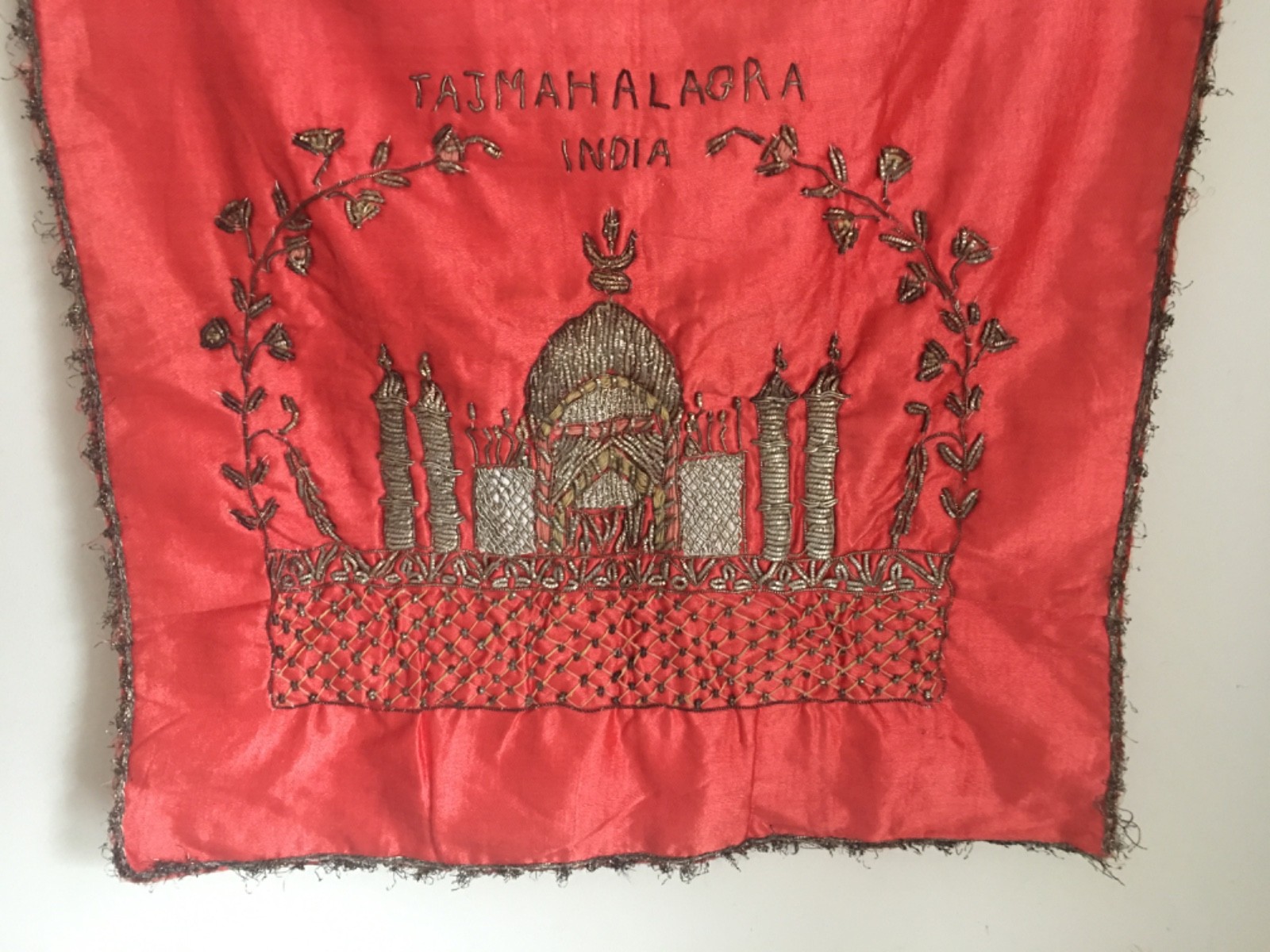 Taj Mahal Silver Bead Embroidery Vintage Tapestry