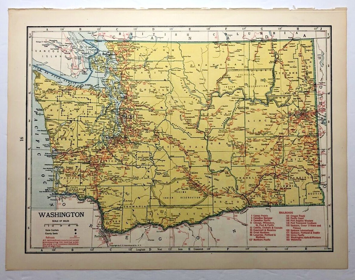 1947 Antique WASHINGTON Atlas Map - Vintage Old Hammond's Library World Atlas