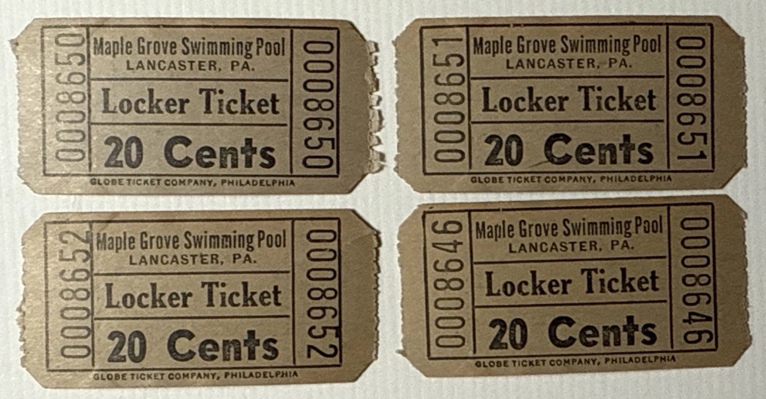 Lancaster PA Maple Grove Swimming Pool Lot of 4 Vtg 1930s LOCKER Tickets