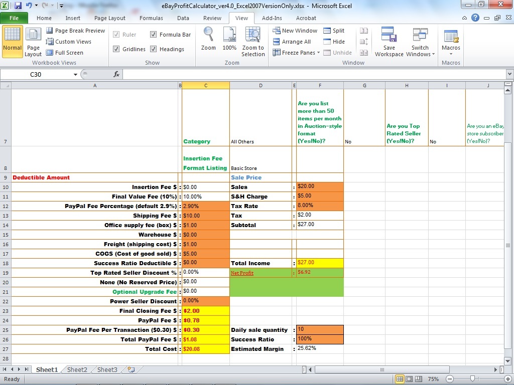 eBay PayPal Fee Profit Calculator Selling Tool Excel