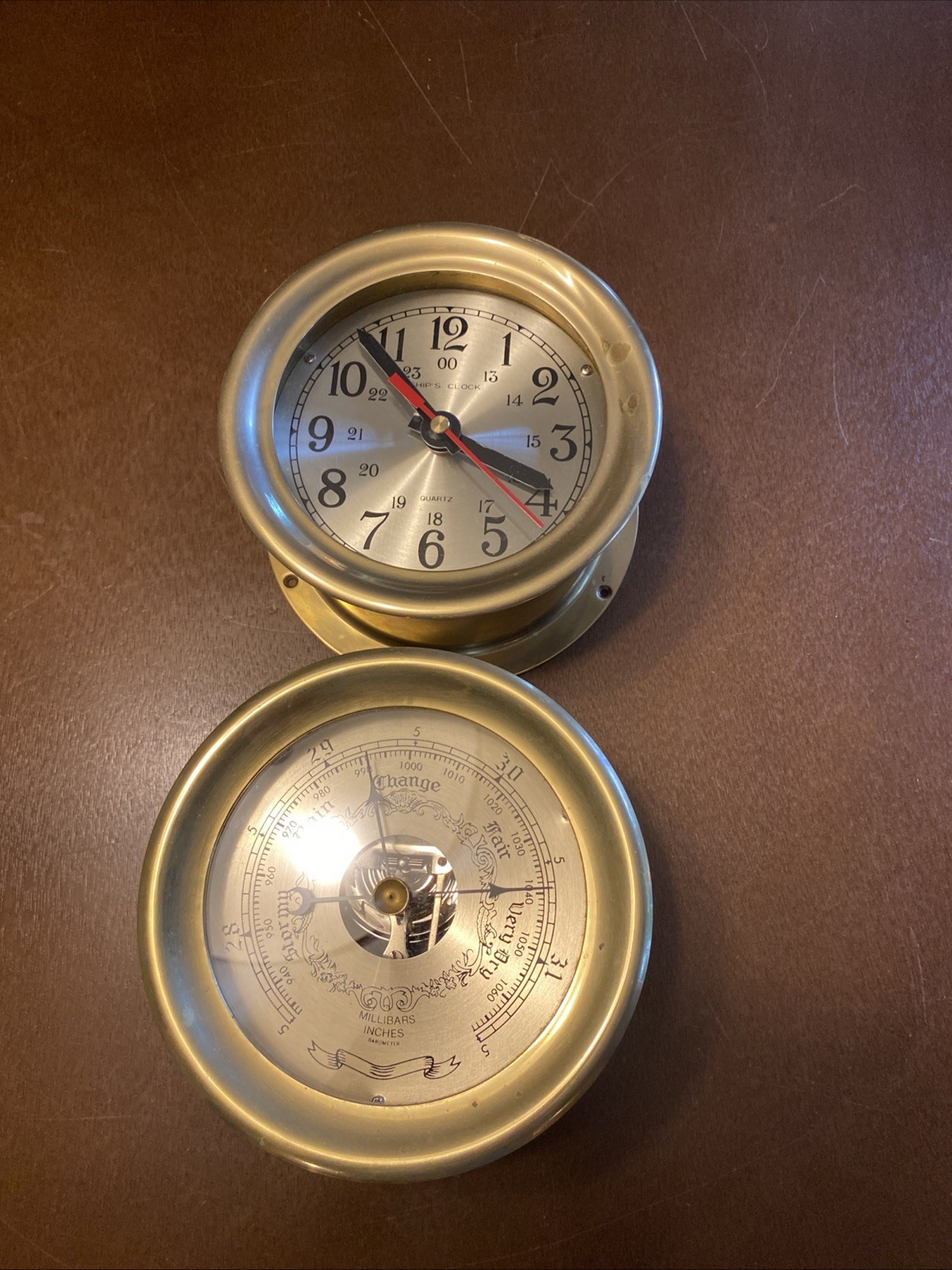 Heavy SHIP'S Clock and Barometer Brass Quartz 6” x 3-1/4” Working Vtg