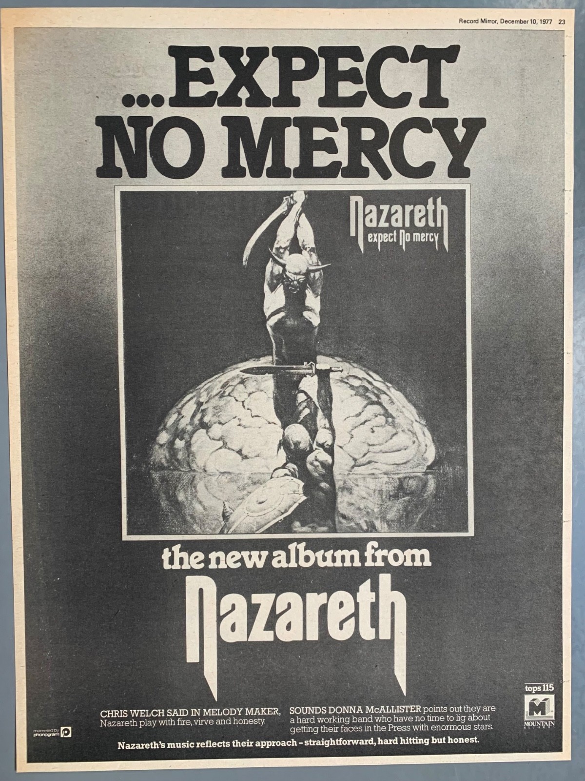 NAZARETH 1977 vintage POSTER ADVERT EXPECT NO MERCY
