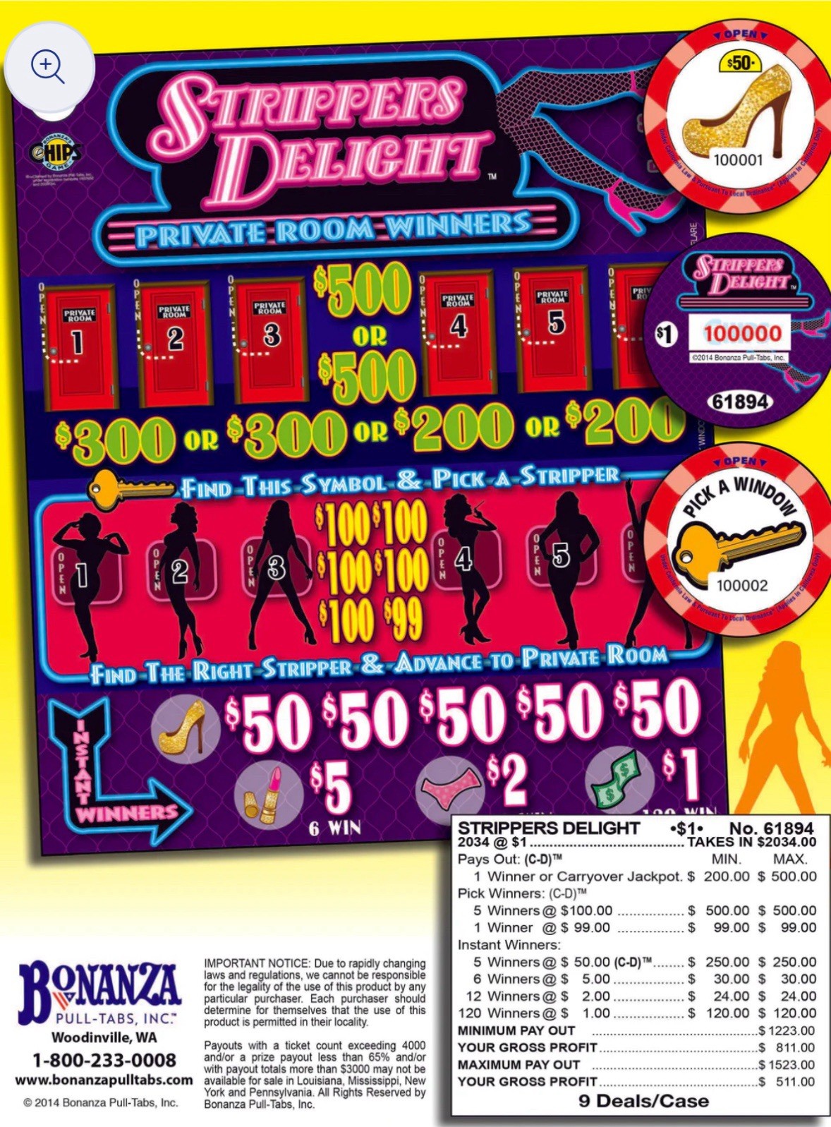 Stripper Delight 2034ct Chip Pull Tabs Tickets Free shipping sealed brand new