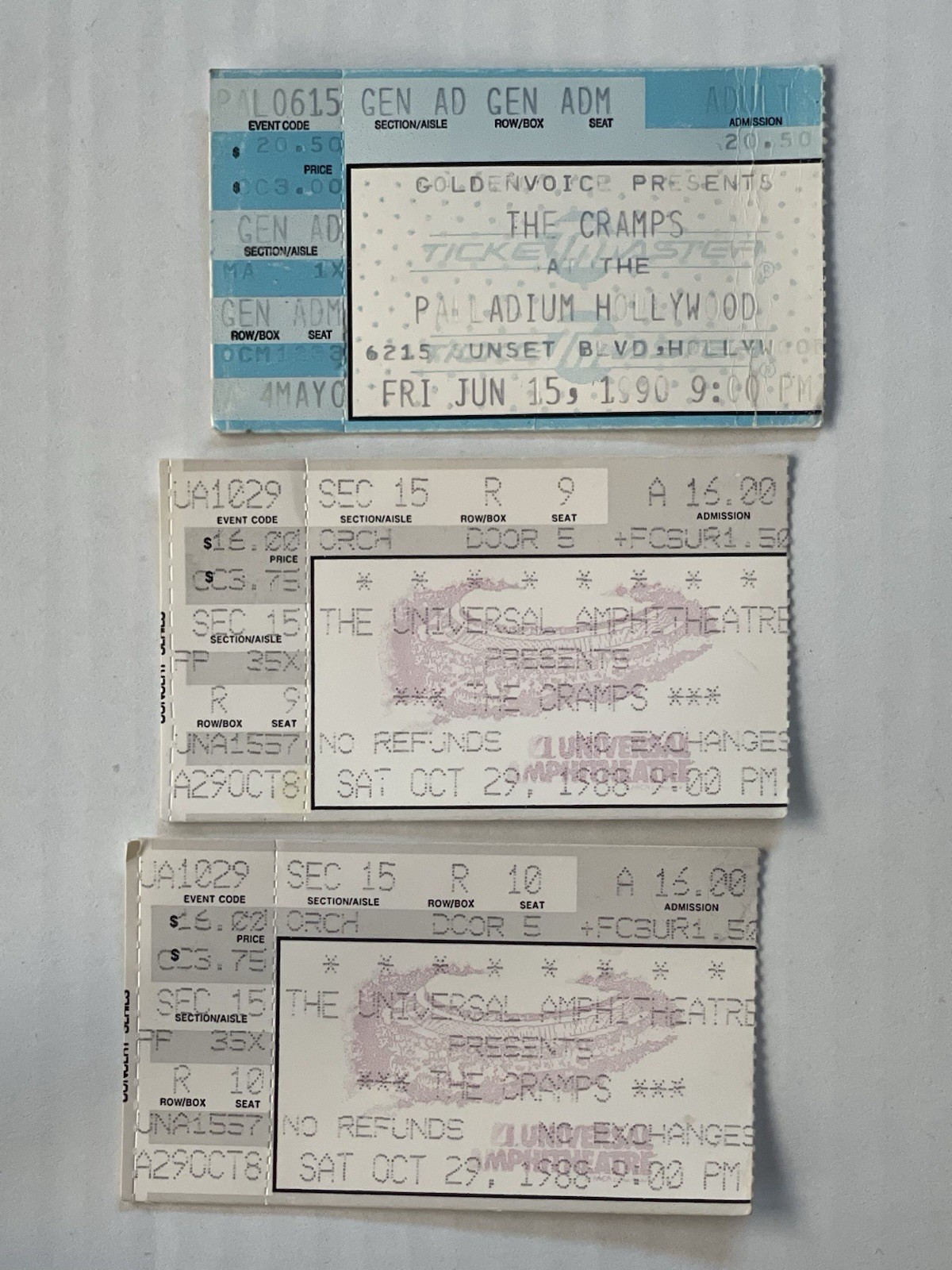 Cramps Ticket Stubs 2x 1988 @ Universal Amphitheater 1x  1990 @ The Palladium