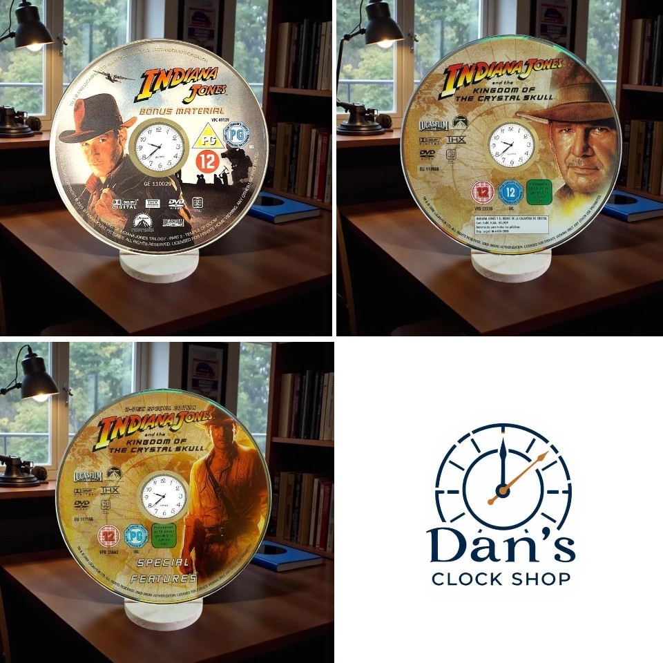Indiana Jones DVD Clock with Handmade Wooden Stand - Upcycled Disc Display