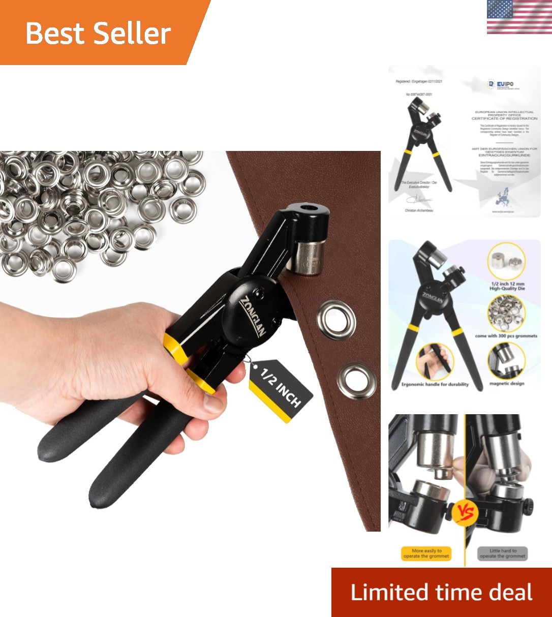 Heavy Duty Grommet Tool Kit with Magnetic Mold & 300 Sets of 12MM Grommets