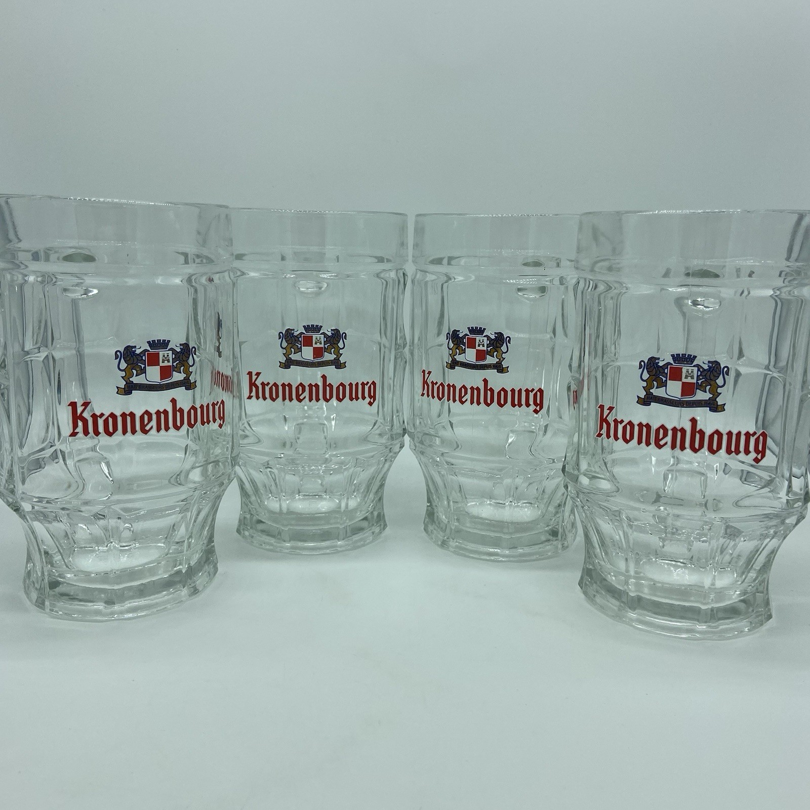 Vintage Large Kronenbourg Clear Glass Graphic Beer Mug Tankard Stein Set Lot 4