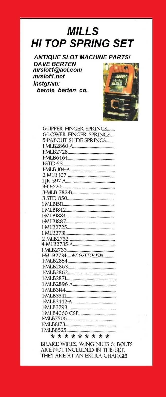 MILLS REPLACMENT SPRING SET MILLS HI TOP ANTIQUE SLOT MACHINE MADE IN USA