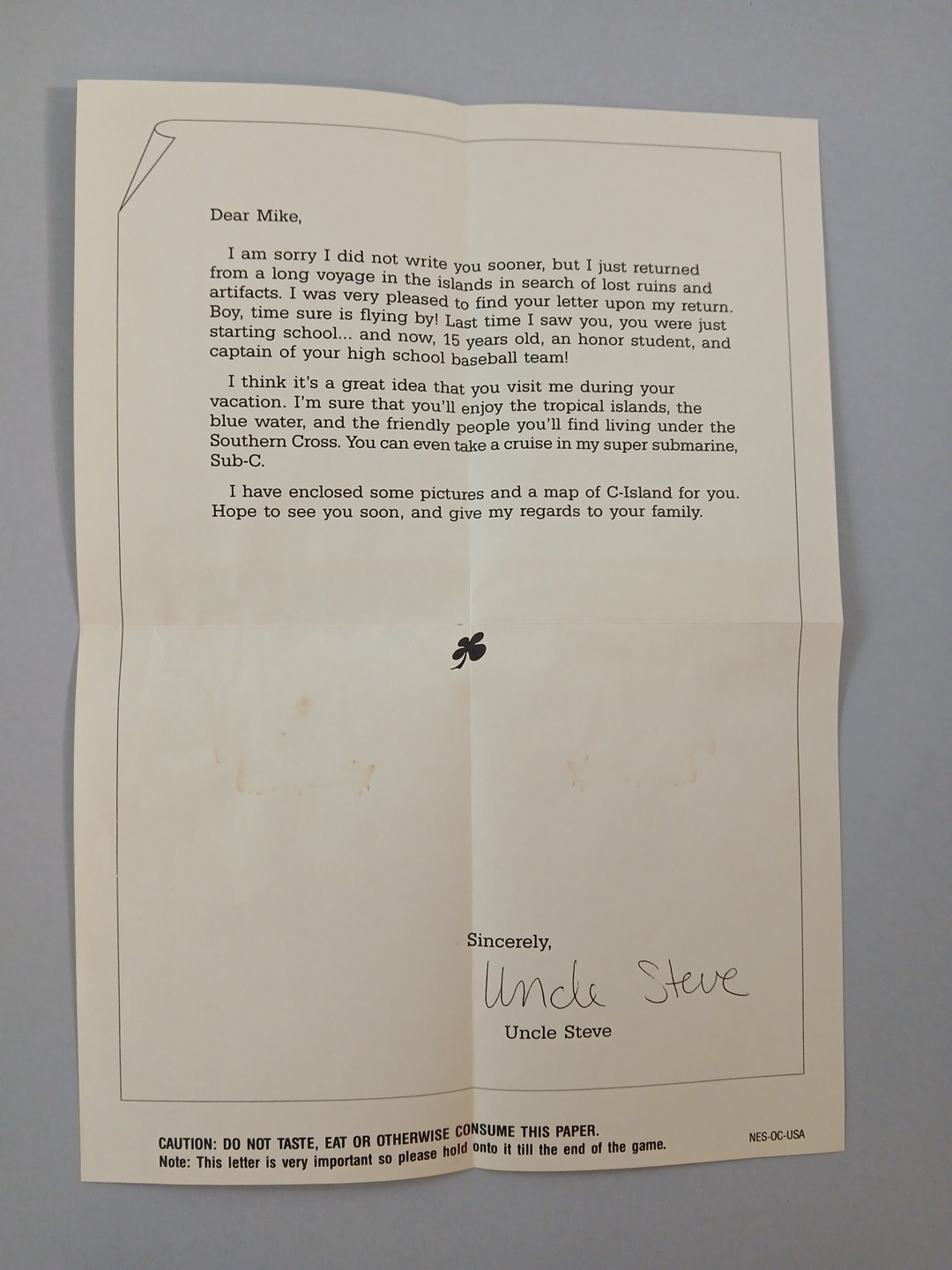 Star Tropics Uncle Steve Letter Insert Only Nintendo NES 