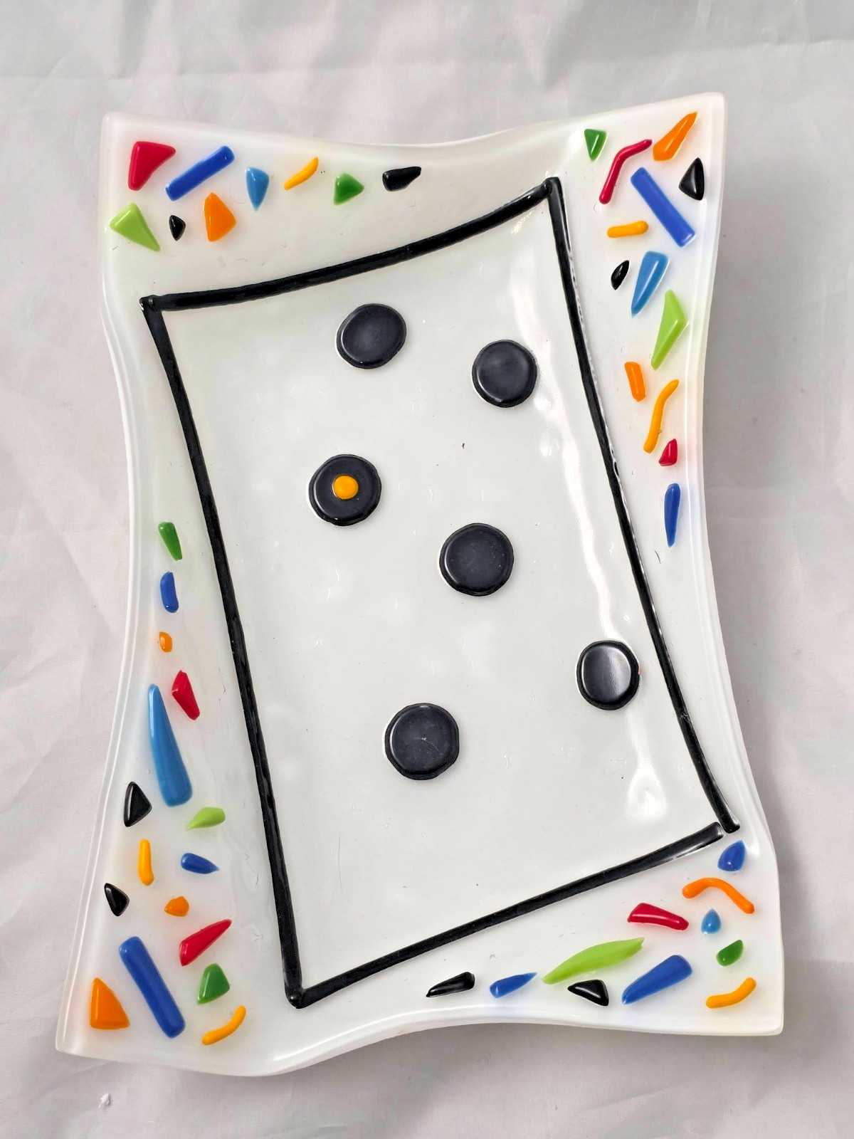 Handmade Fused Glass Slumped Dish Tray Colorful Confetti Black Dots Abstract Art