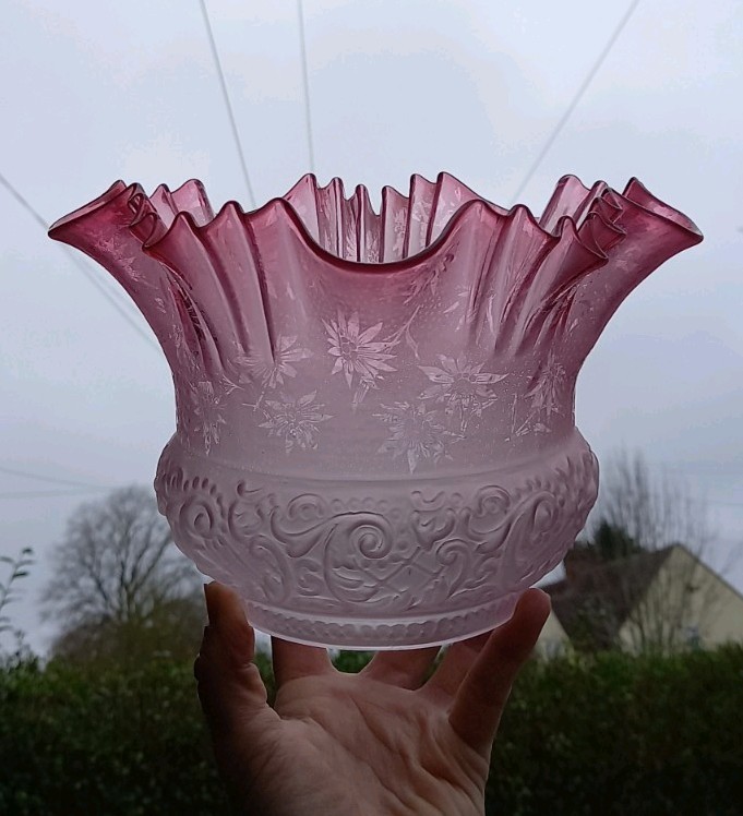 Victorian Molded Acid Etched Crimped Rose Glass Oil Lamp Shade, Mint