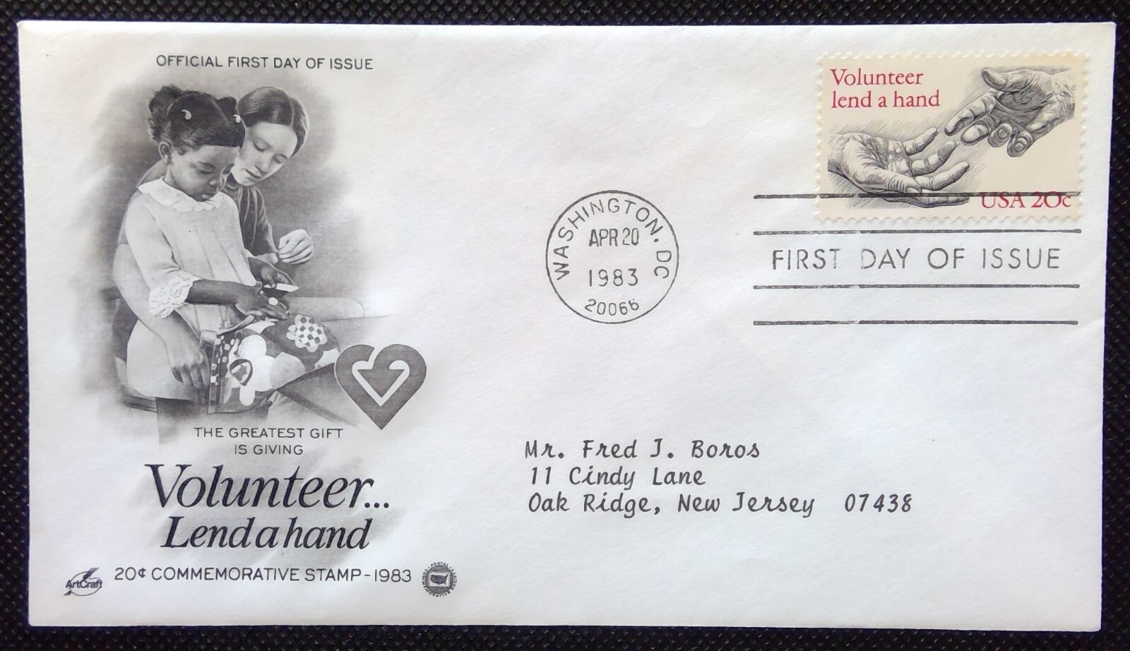 Scott 2039 FDC Volunteerism Volunteer Lend a Hand Art Craft PCS Cache ADDRESSED