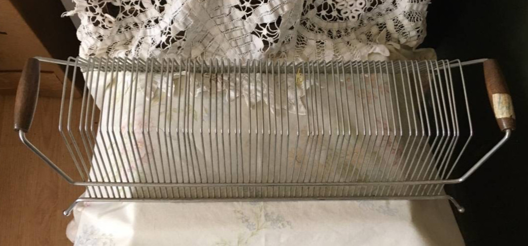 Vintage Mid Century Record Rack Holder Metal Wire Wood Handles