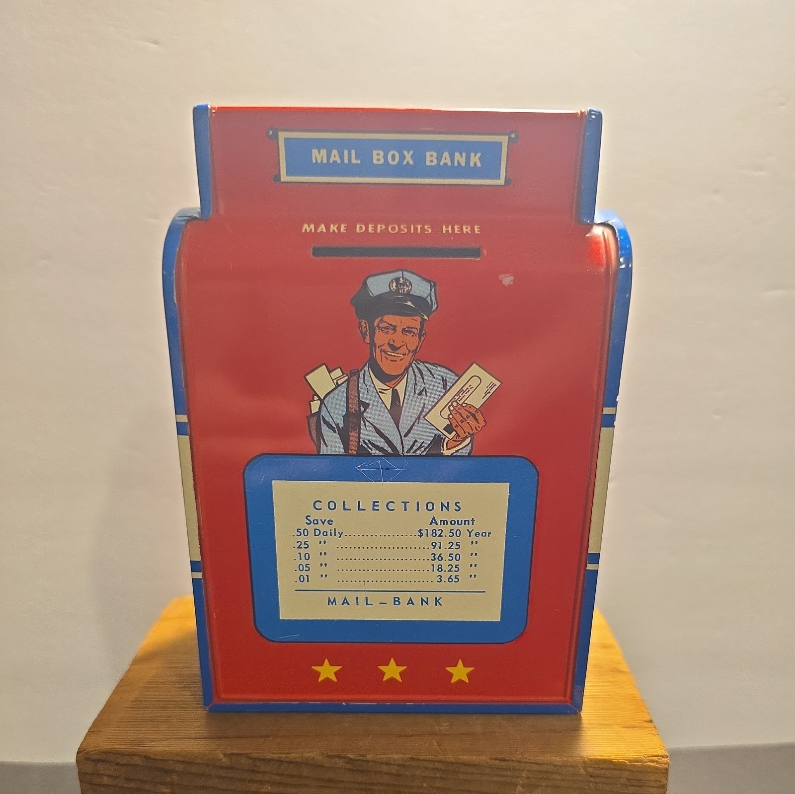 VINTAGE TOY 5 3/4" HIGH OHIO ART TIN METAL MAIL BOX AIRMAIL SPEEDS LETTERS BANK