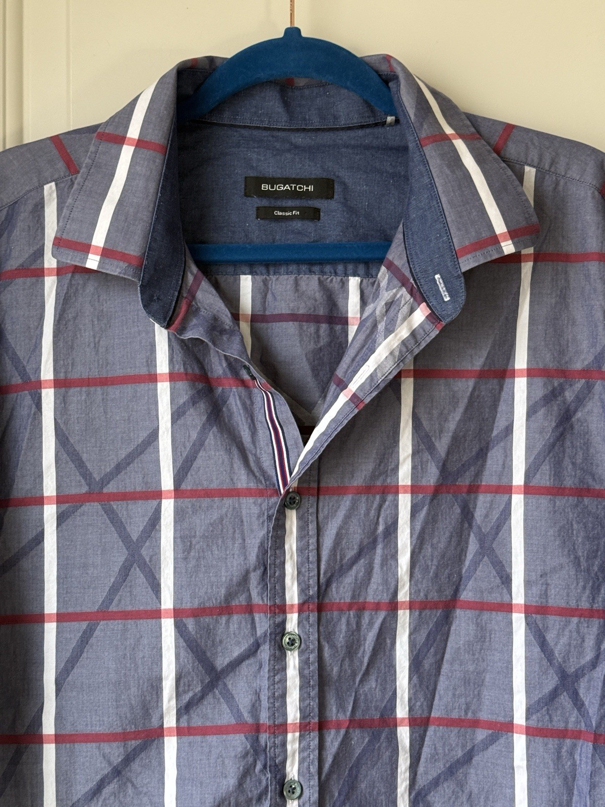 Bugatchi Shirt Mens XXL Blue Geometric Striped Button Short Sleeve Classic Fit