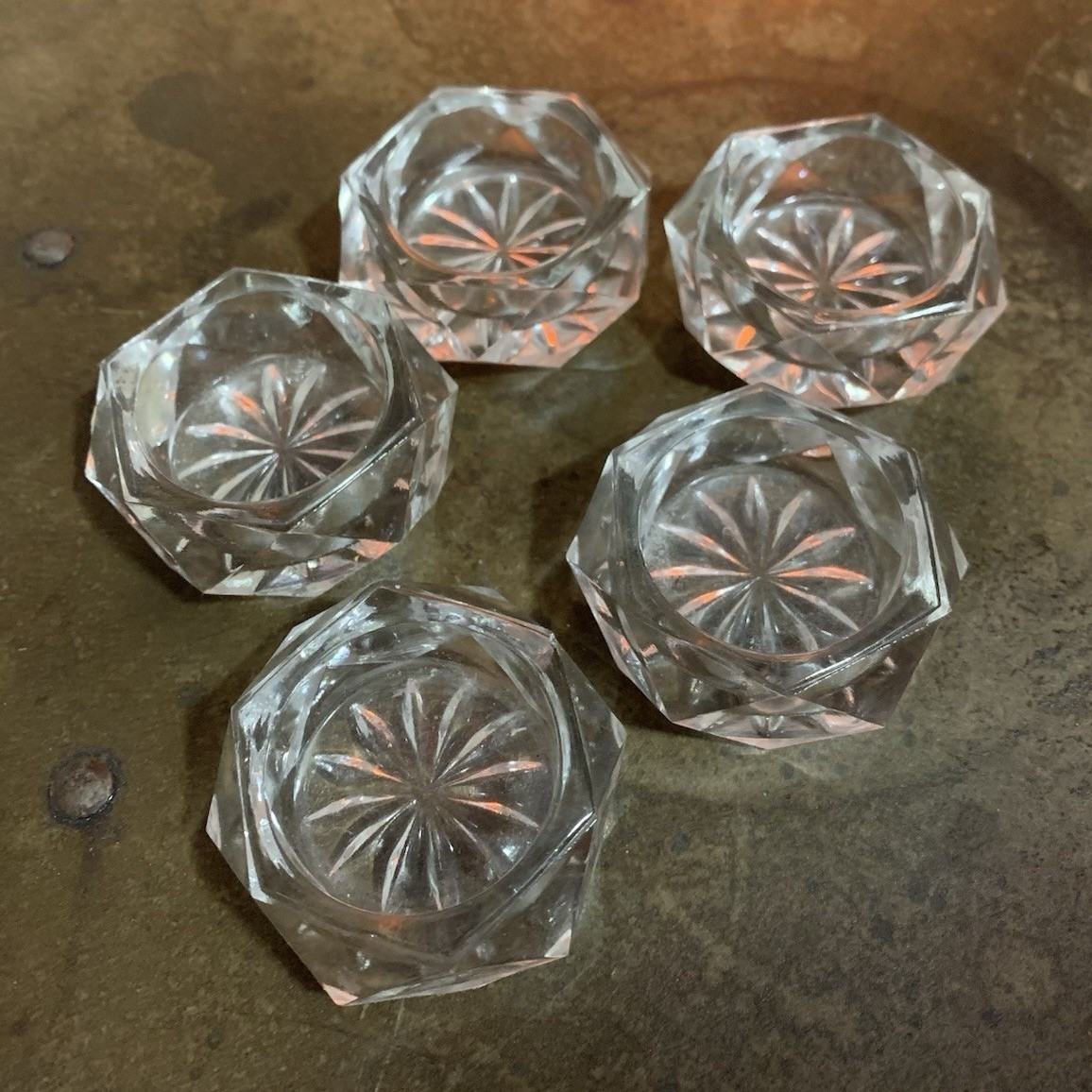 Vintage Bohemia Glass Crystal Octagonal Starburst Patterned Open Salts Set of 5