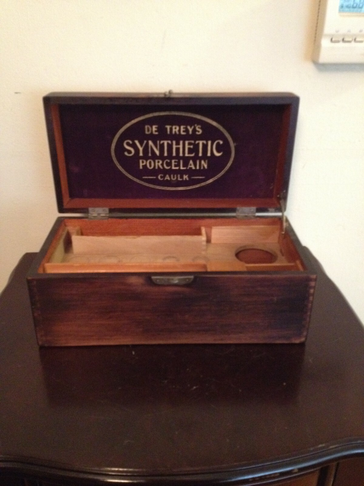 VINTAGE DE TREY'S SYNTHETIC PORCELAIN CAULK DENTISTRY WOODEN BOX OLD ADVERTISING