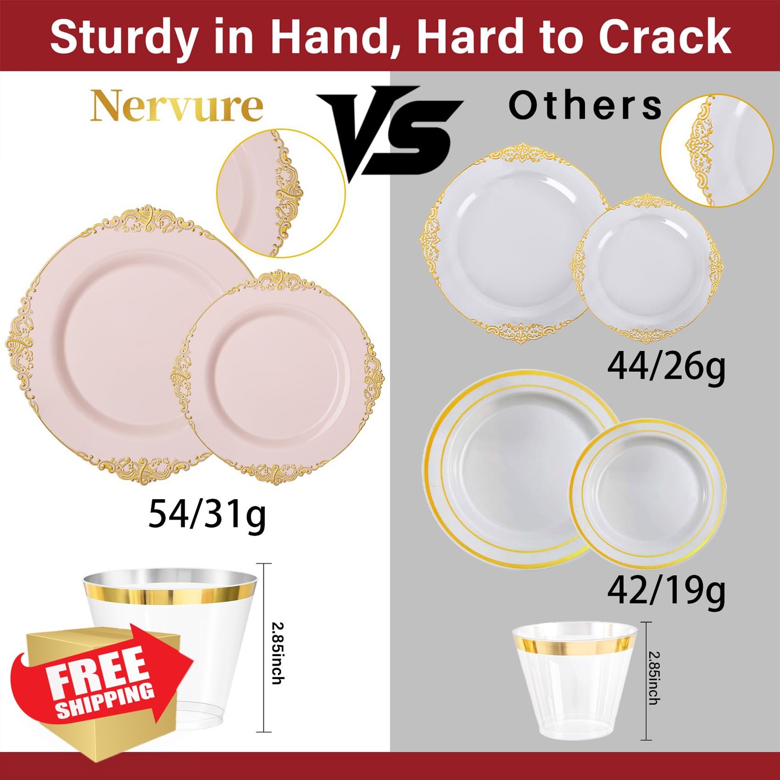 Nervure 175PC Pink Gold Plates and Cutlery for 25 Guests Party Pack