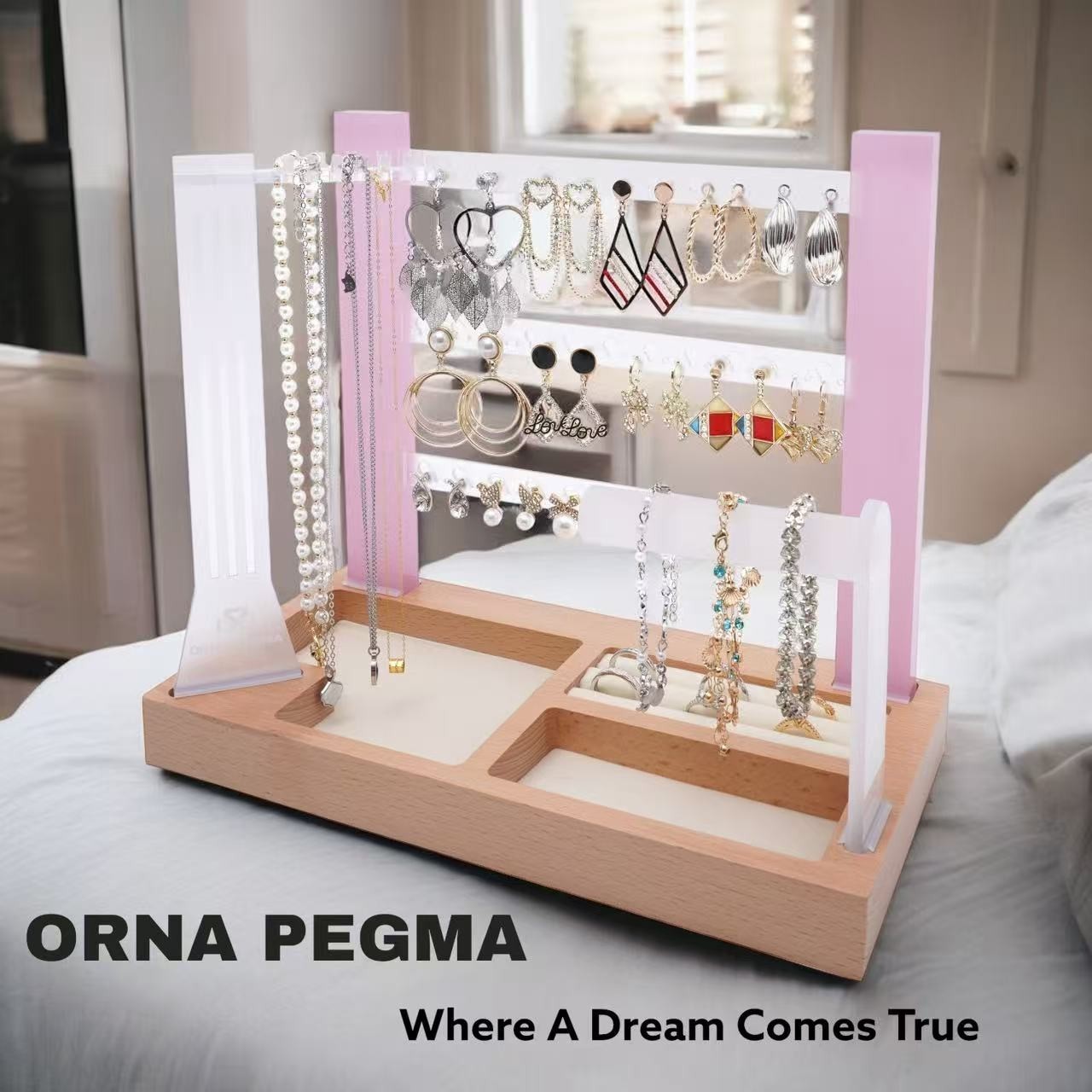 3 Tier Pink Acrylic Jewelry Organizer Stand Earring Necklace Holder Wooden Base