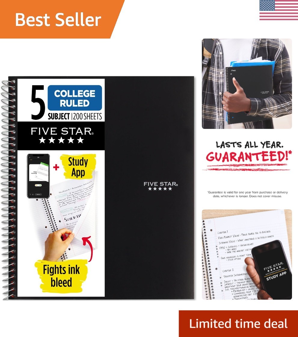 Durable Water Resistant 5-Subject Spiral Notebook with 200 Perforated Pages