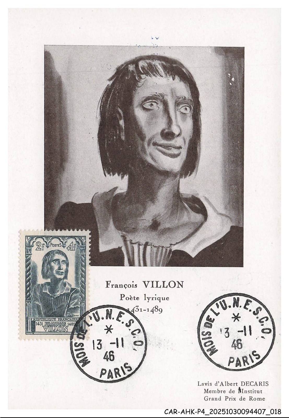 CAR-AHKP4-0195-MAXIMUM Cards - François Villon - Lyric Poet - 1946 - 1st