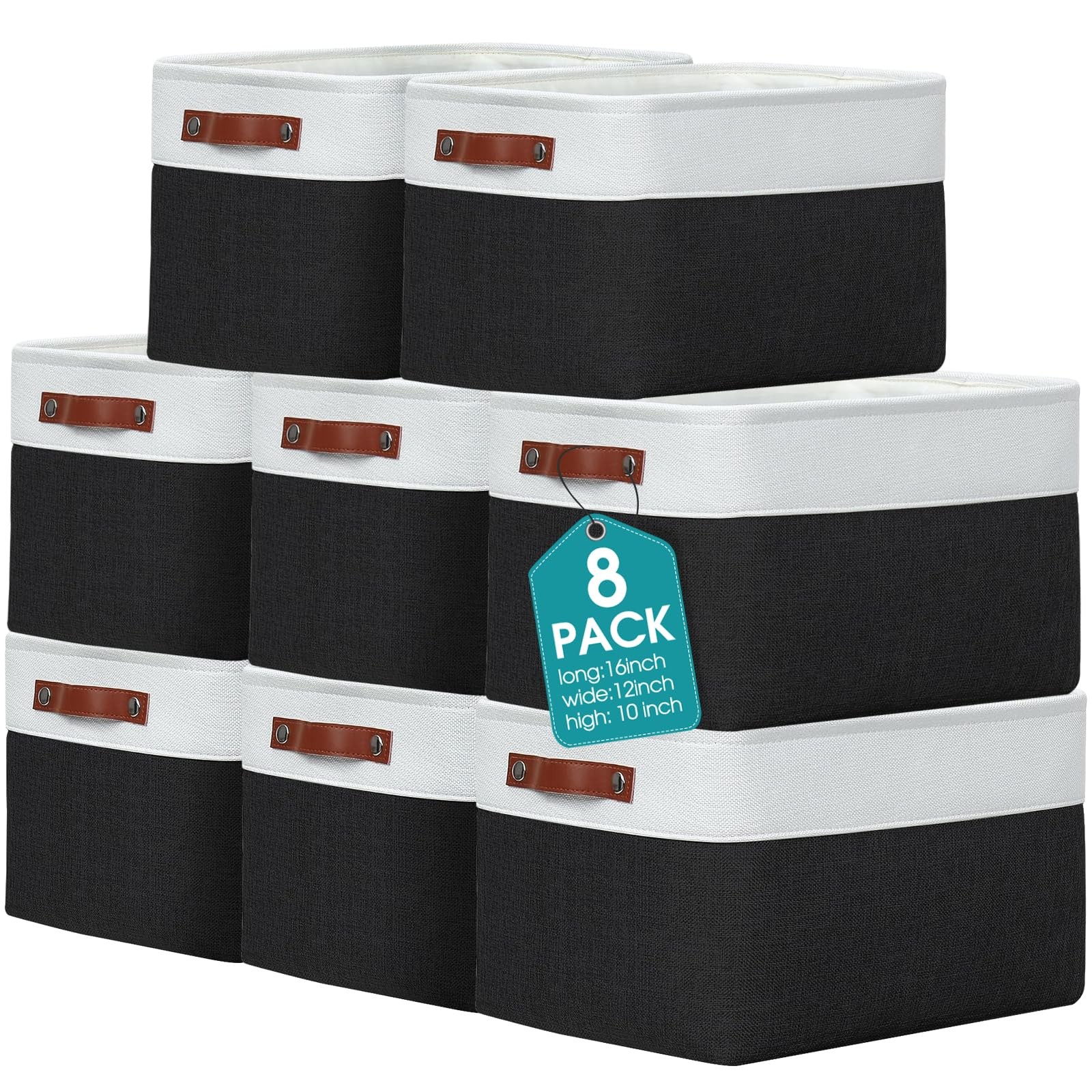 Uiifan 8-Pack 16x12x10" Fabric Storage Baskets Collapsible w/ Handles Black