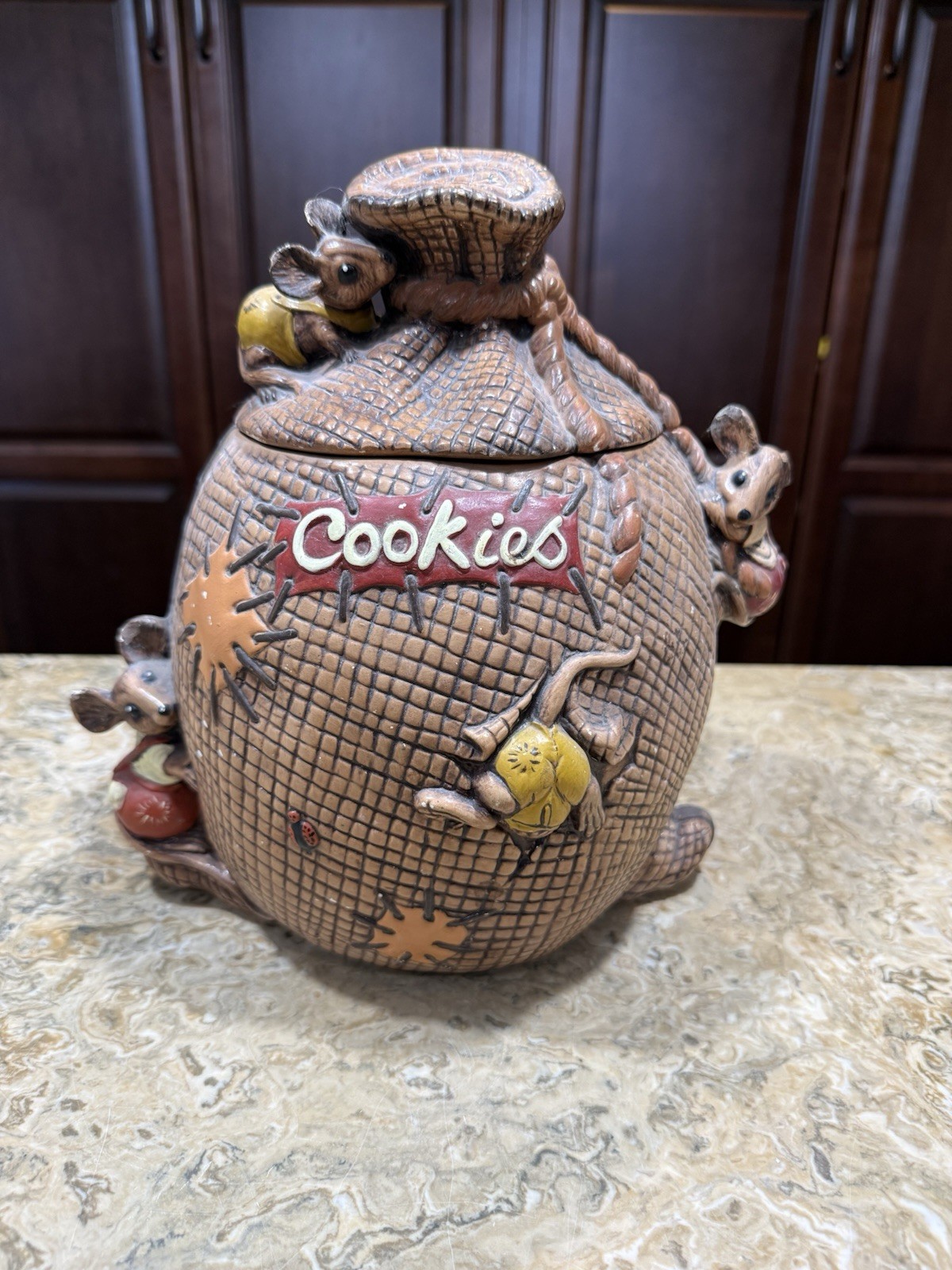 Vintage Glenview Mold Ceramic Mice Mouse Burlap Cookie Jar Small Chip