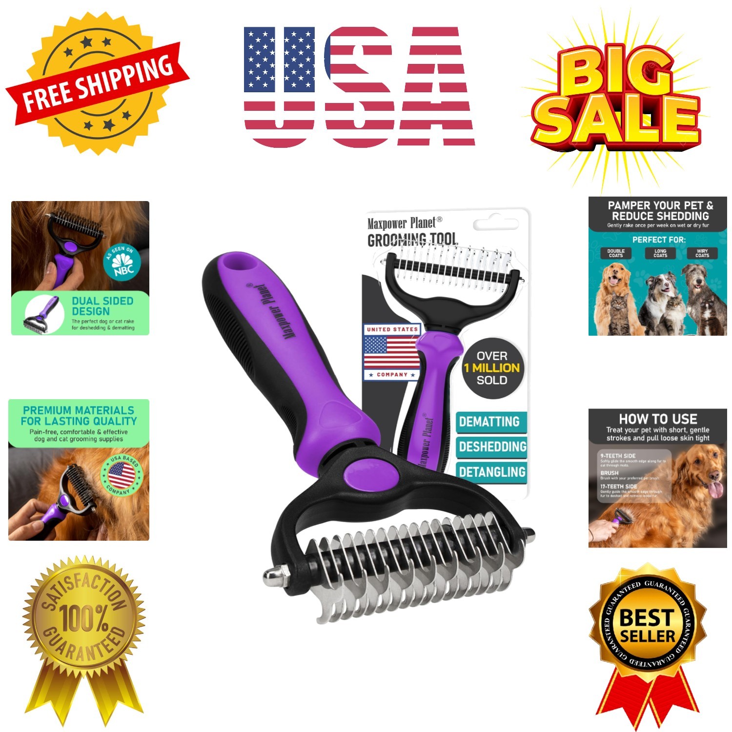 Pet Grooming Brush - Double Sided, Extra Wide for Dogs and Cats - Dematting U...