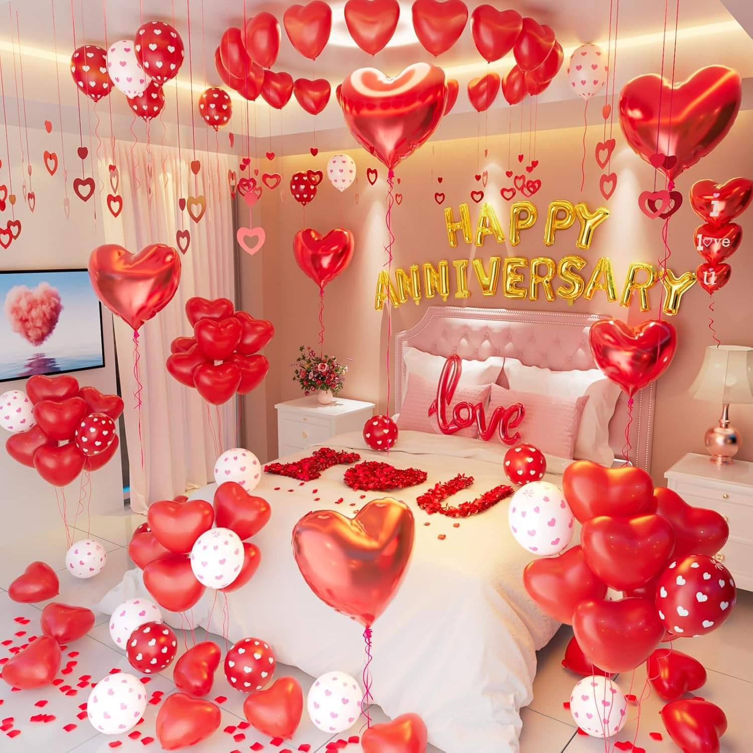 Happy Anniversary Decorations, Red Heart Balloons, Happy Anniversary Banner, Hea