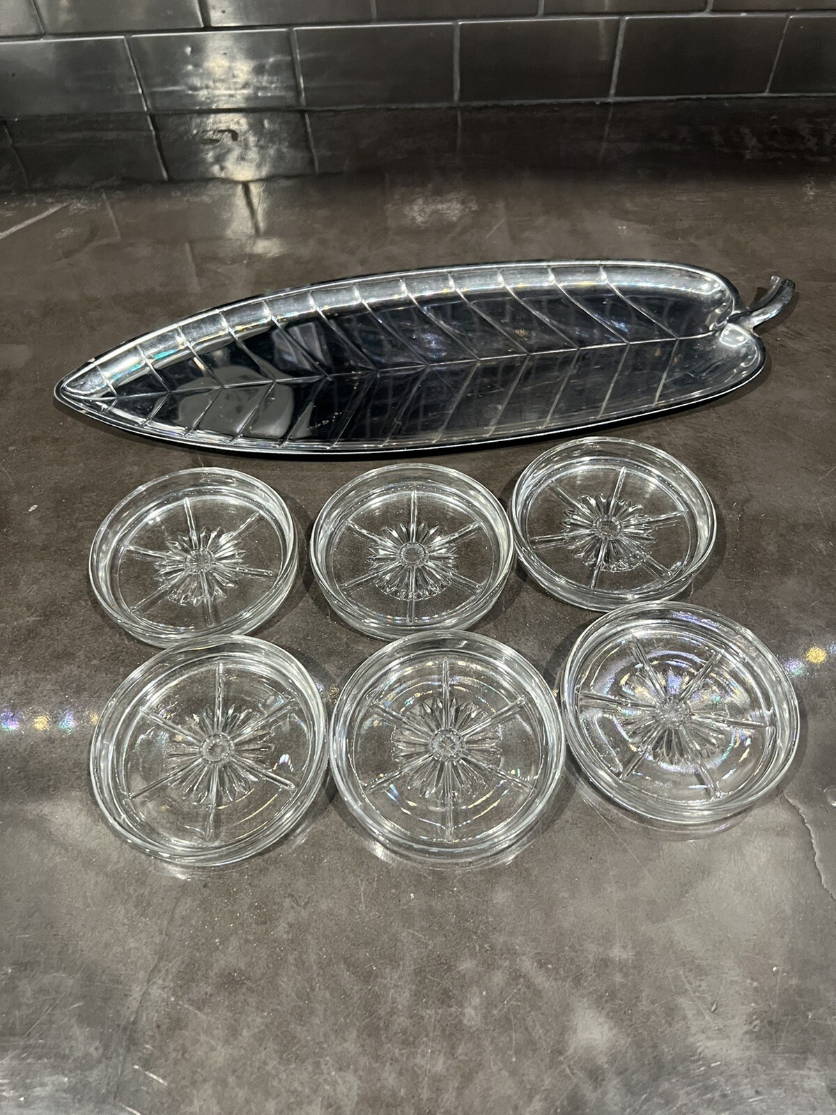 Vintage Glass Relish Dish Set w/ Chrome Tray 6 Bowls Mid Century Serving Set