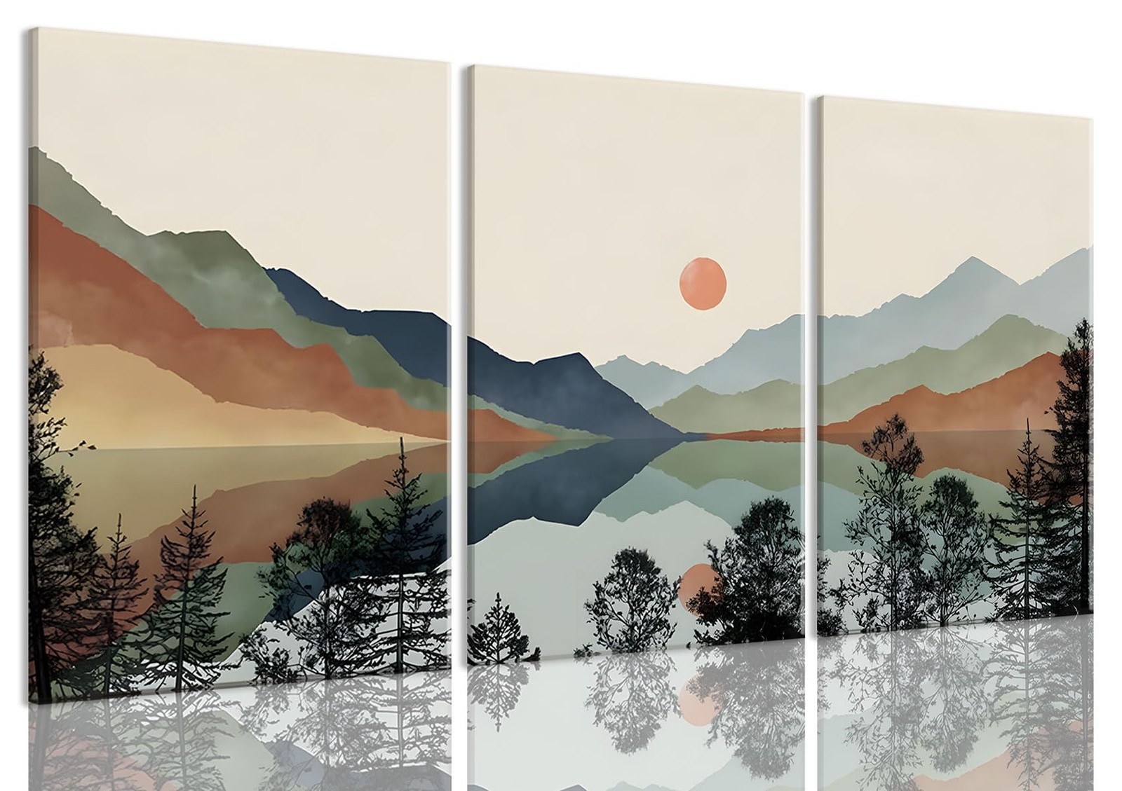 Bwodke Canvas Wall Art Framed Mountain Wall Art Set of 3 Boho Watercolor Natu...